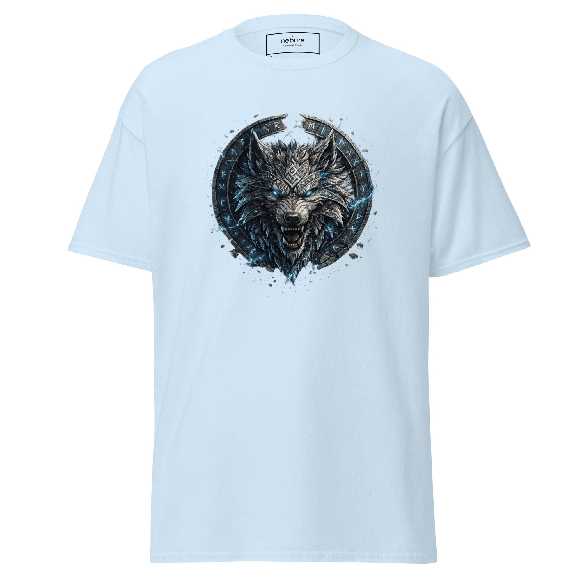 Runenwolf Fenrir nordisches Mythologie Design auf hellblauem T-Shirt