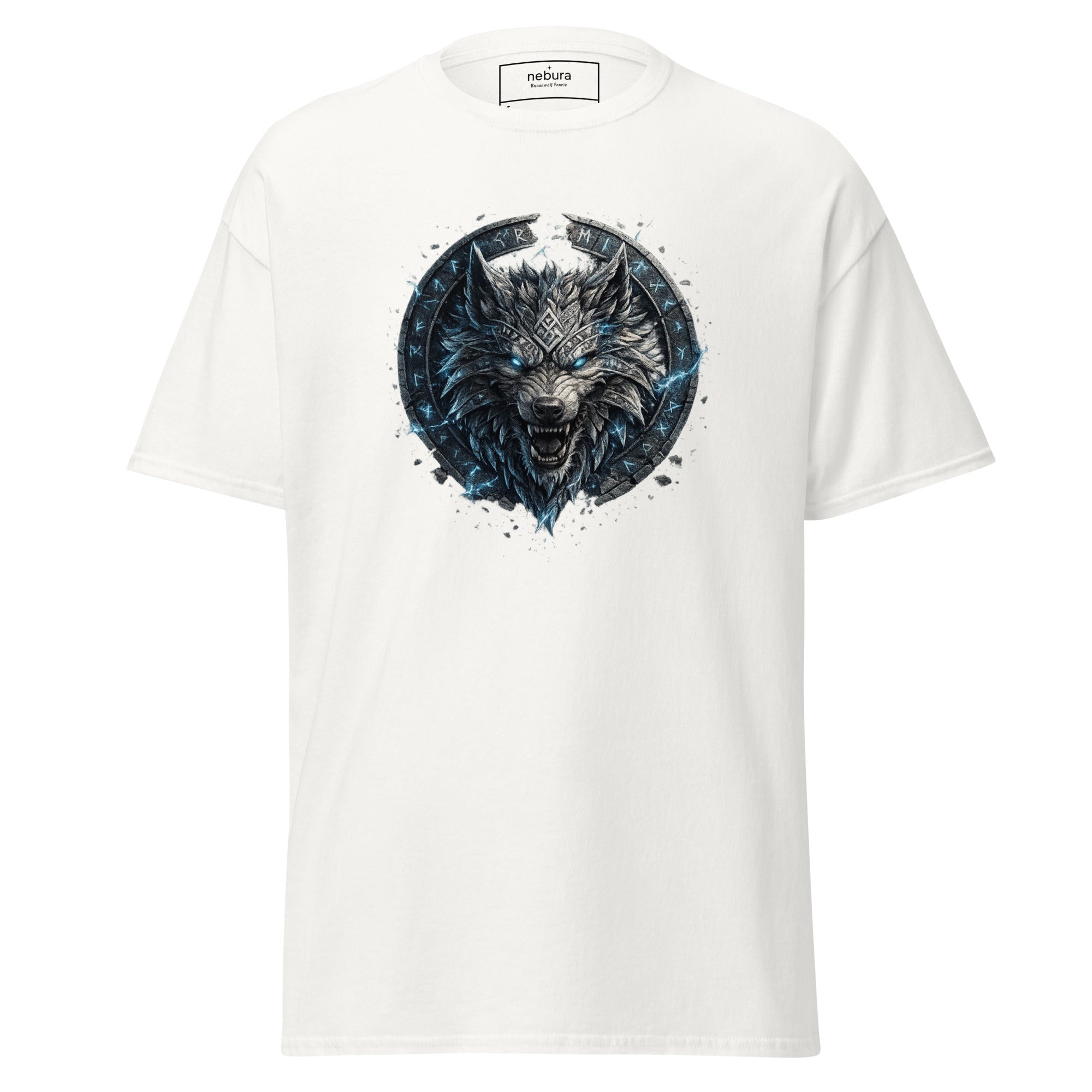 Runenwolf Fenrir nordischer Runenwolf mit leuchtenden Runen auf weißem T-Shirt