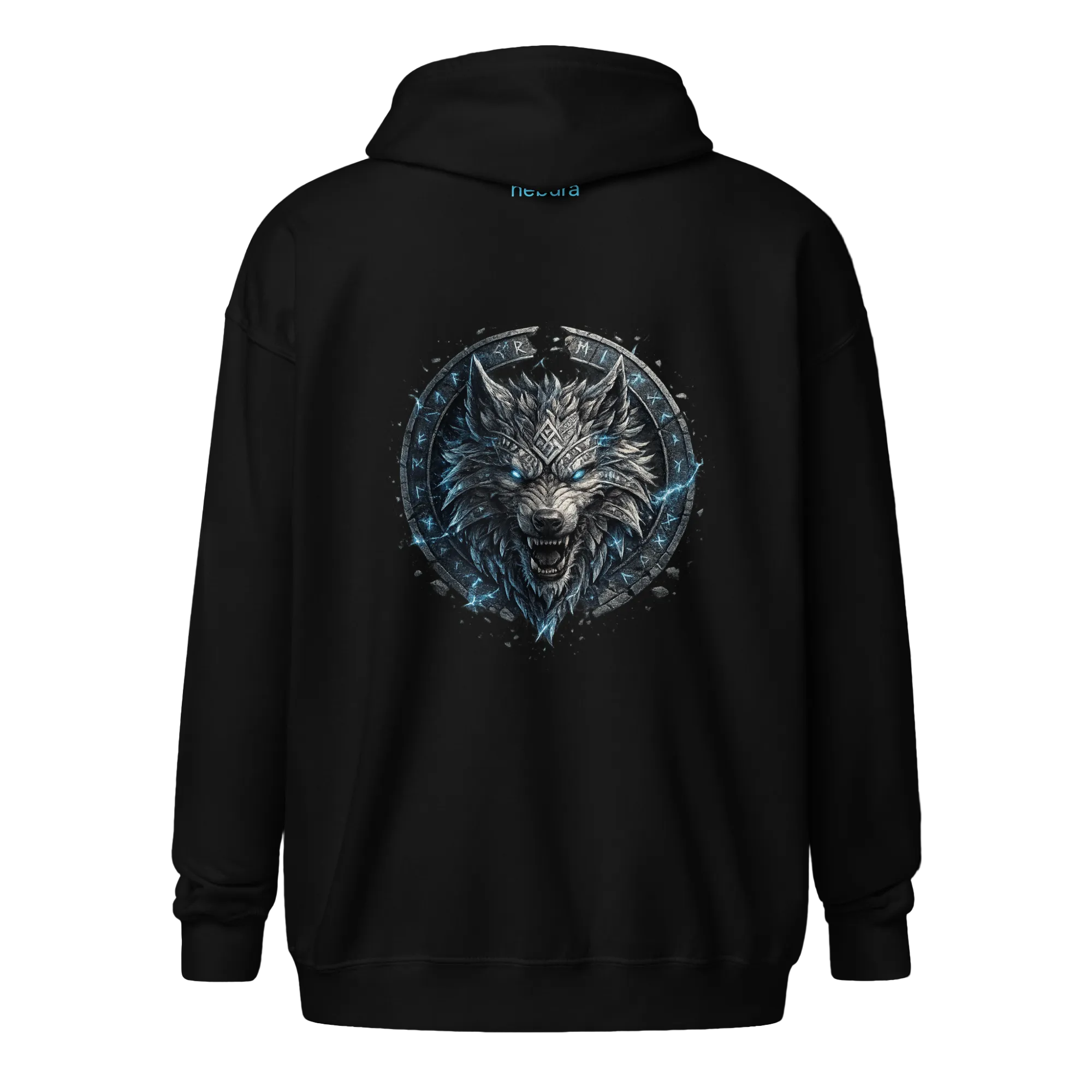 Runenwolf Fenrir Zip Hoodie mit nordischem Fenrir Wolf und Runen Design von Nebura