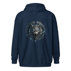 Runenwolf Fenrir Zip Hoodie mit Fenrir Wolf und nordischem Runenkreis auf blauem Hoodie