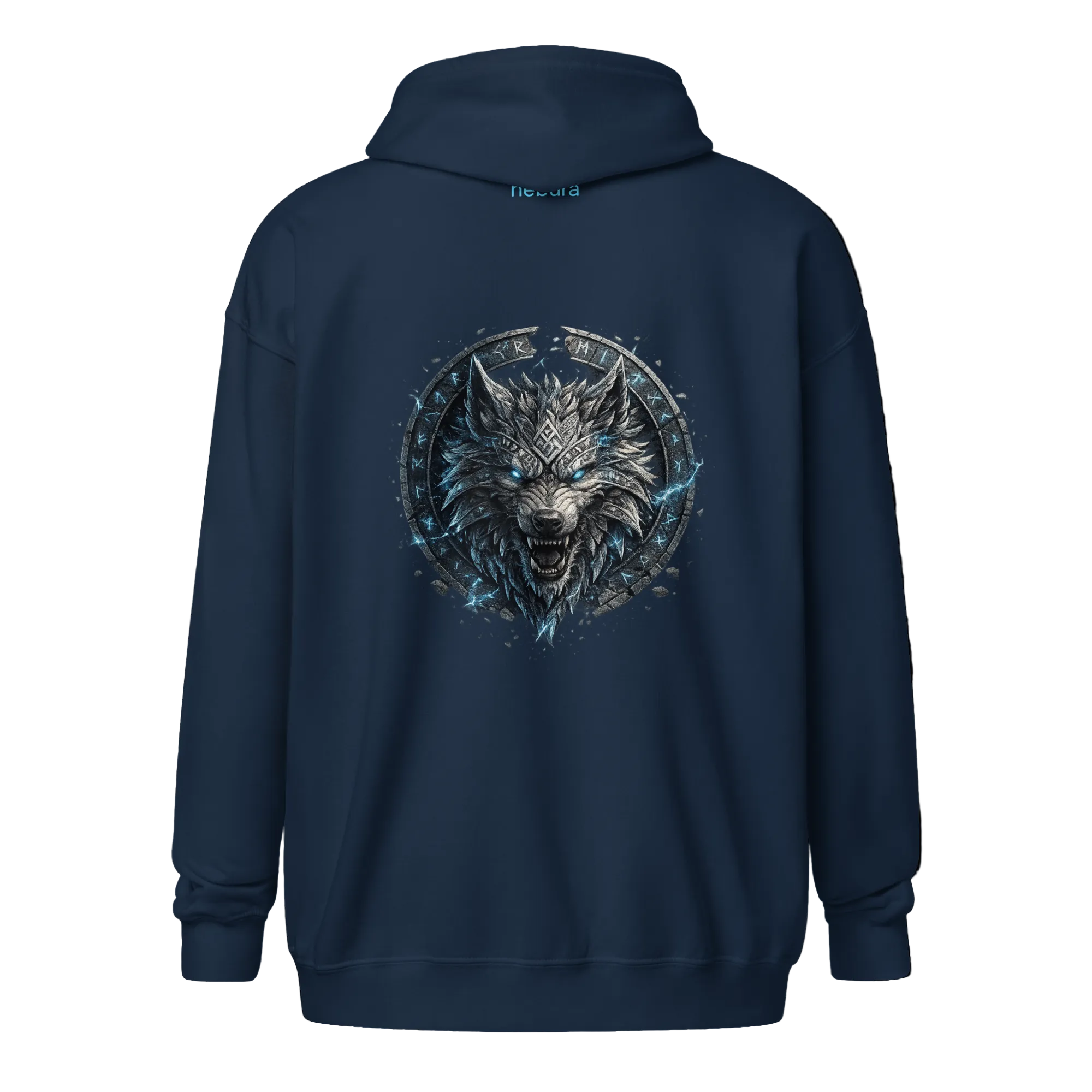 Runenwolf Fenrir Zip Hoodie mit Fenrir Wolf und nordischem Runenkreis auf blauem Hoodie