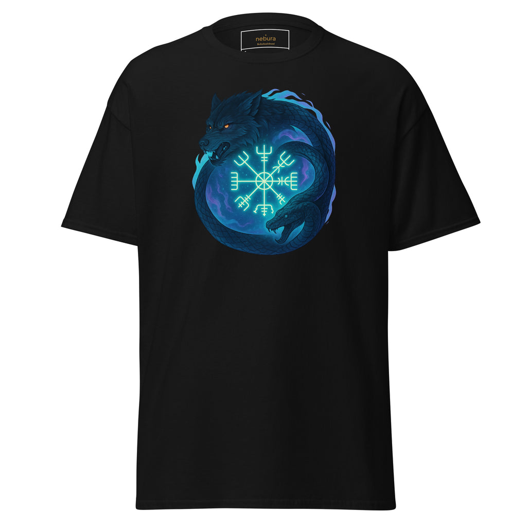 Schwarzes Nebura Shirt mit Schicksalsbund Motiv auf der Vorderseite, kraftvolles nordisches Design über Weg und Entscheidung