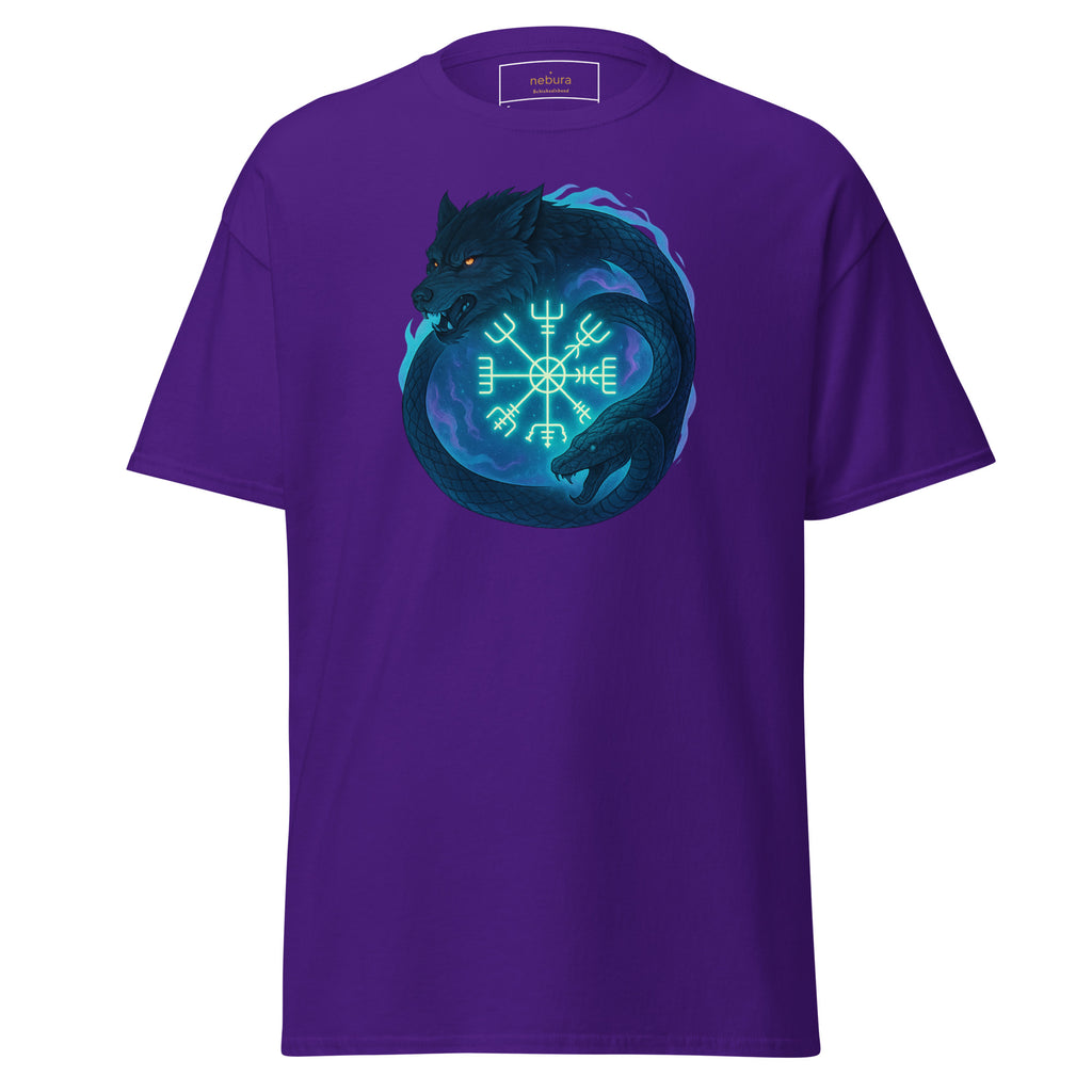 Lila Nebura Shirt mit Schicksalsbund Motiv auf der Vorderseite, nordisch inspiriertes Symbol für Gleichgewicht und Schicksal