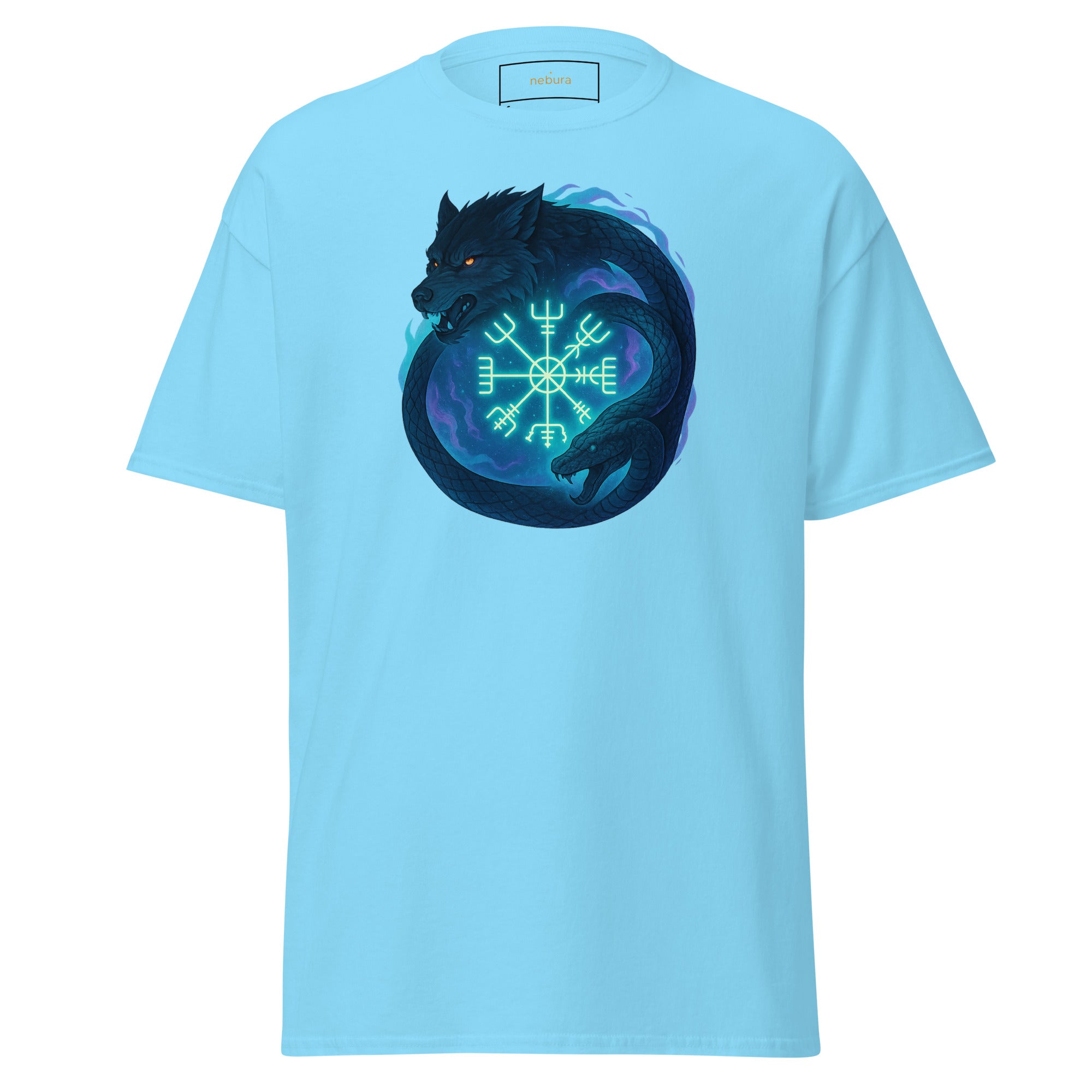 Hellblaues Nebura Shirt mit Schicksalsbund Motiv auf der Vorderseite, ruhiges nordisches Design mit symbolischer Tiefe