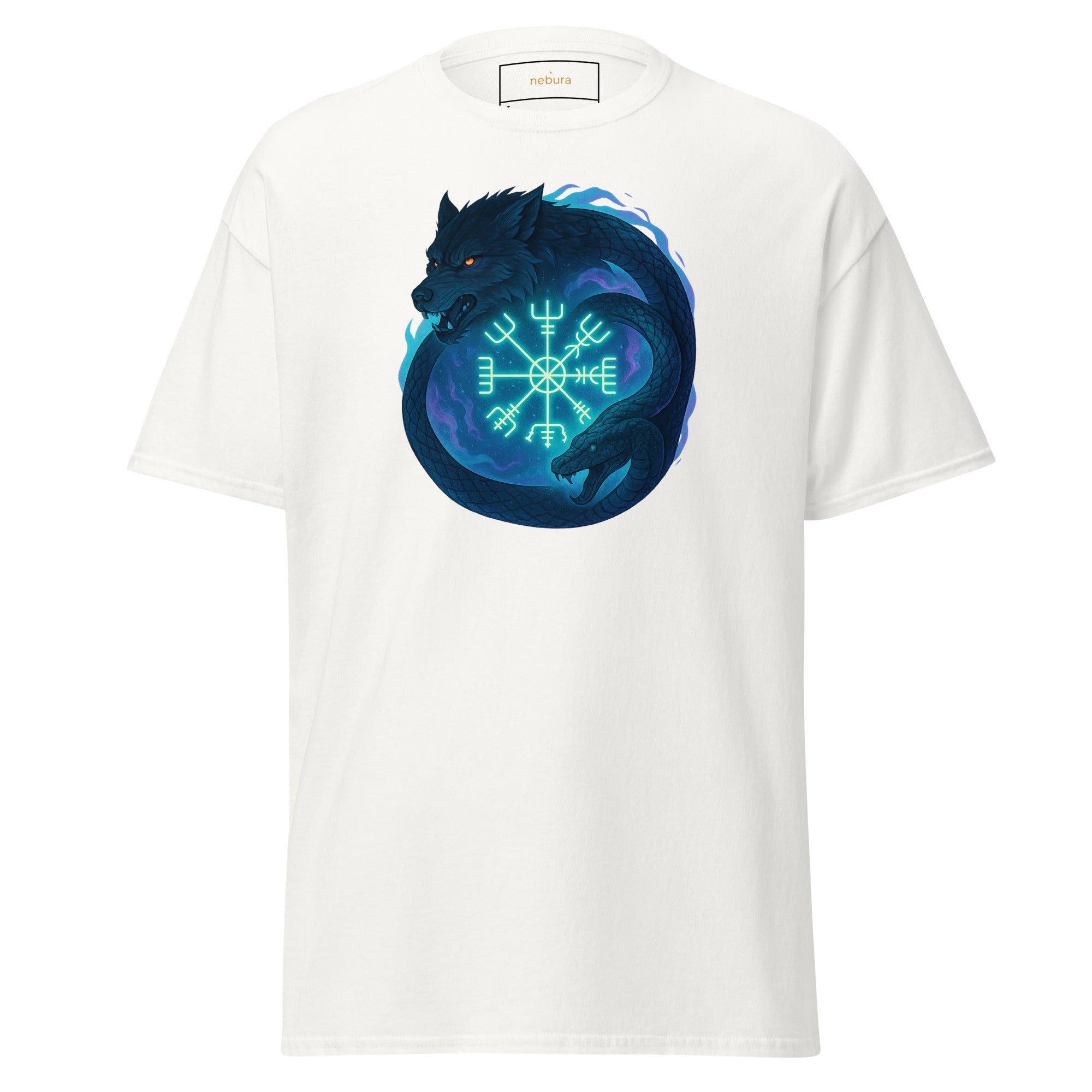 Weißes Nebura Shirt mit Schicksalsbund Motiv auf der Vorderseite, nordisch inspiriertes Design über Weg, Entscheidung und innere Klarheit