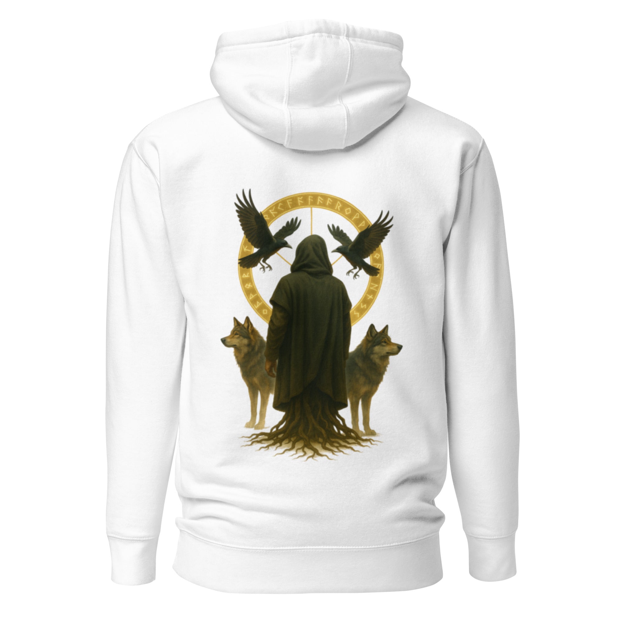 Weißer Nebura Hoodie mit Schleier des Nordens Motiv auf der Rückseite, nordisch-mystisches Design mit Wächterfigur und spiritueller Symbolik