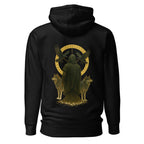 Schwarzer Nebura Hoodie mit Schleier des Nordens Motiv auf der Rückseite, nordisch-mystisches Design mit Wächterfigur und spiritueller Symbolik