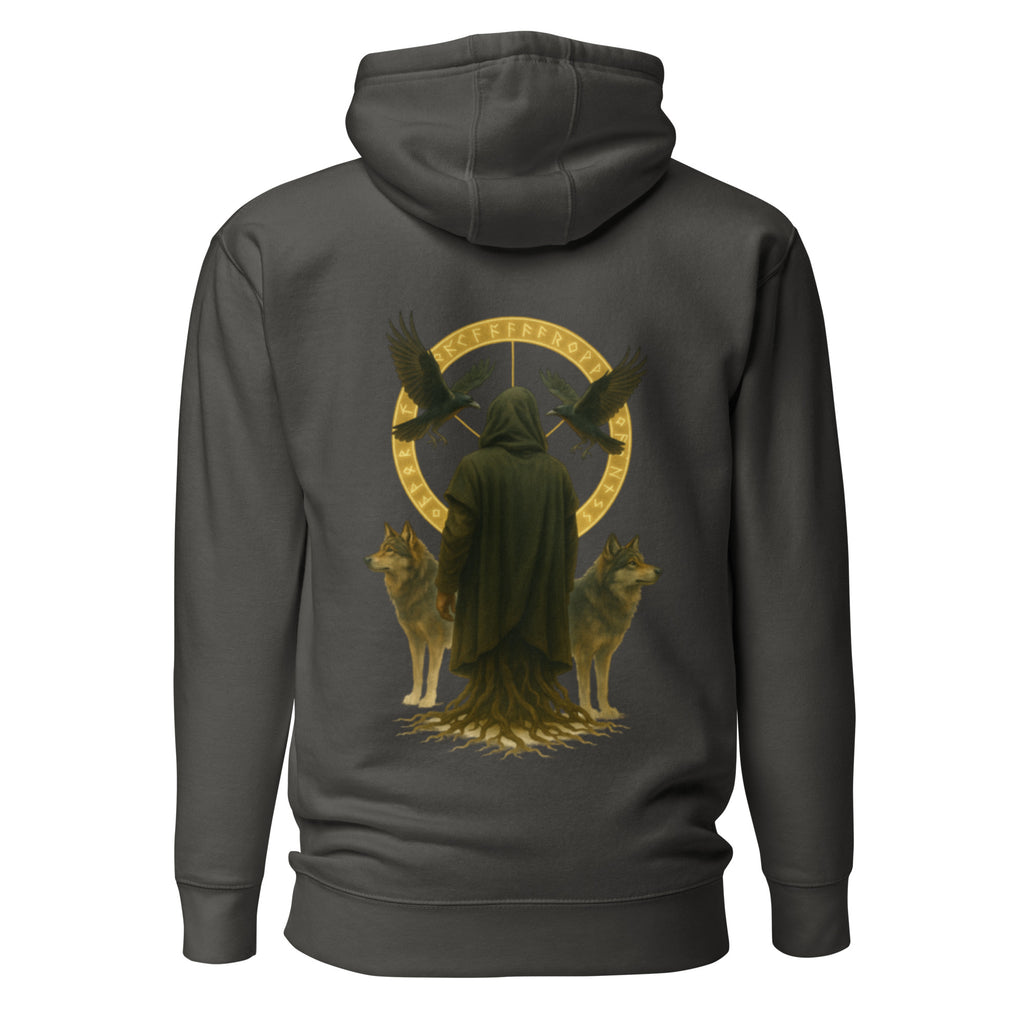 Hellgrauer Nebura Hoodie mit Schleier des Nordens Motiv auf der Rückseite, nordisch-mystisches Design mit Wächterfigur und ruhiger Kraft