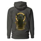 Hellgrauer Nebura Hoodie mit Schleier des Nordens Motiv auf der Rückseite, nordisch-mystisches Design mit Wächterfigur und ruhiger Kraft