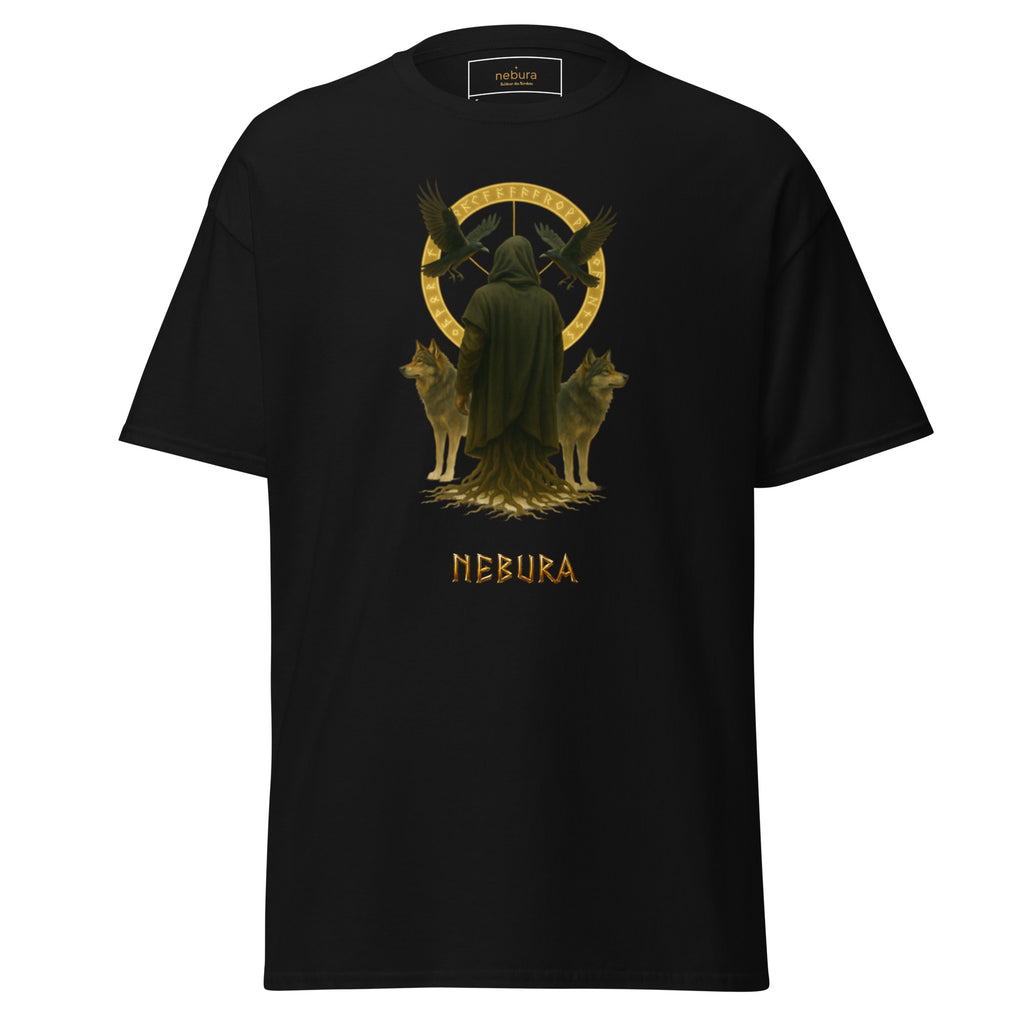 Nebura Schleier des Nordens T-Shirt in Schwarz – ruhiges nordisches Design mit Odin, Wölfen und Raben als Zeichen von Klarheit, Schutz und innerer Stärke.