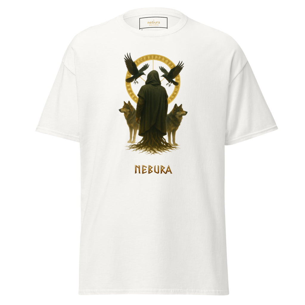 Nebura Schleier des Nordens T-Shirt in Weiß – nordisches Wächter-Motiv mit Odin, Wölfen und Raben als Symbol für Wachsamkeit, Schutz und innere Stärke.