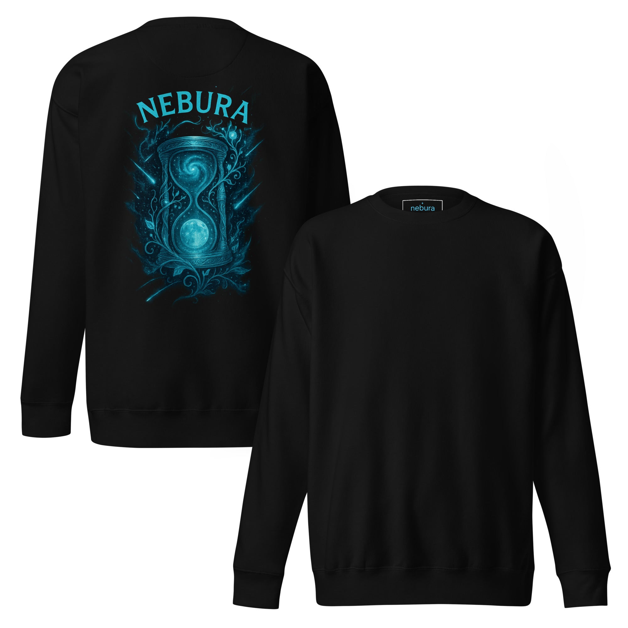 Nebura Stunde der Zeit Sweatshirt in Schwarz – Front- und Rückansicht mit kosmischem Zeitglas Motiv, ruhiges Design über Zeit, Klarheit und Balance
