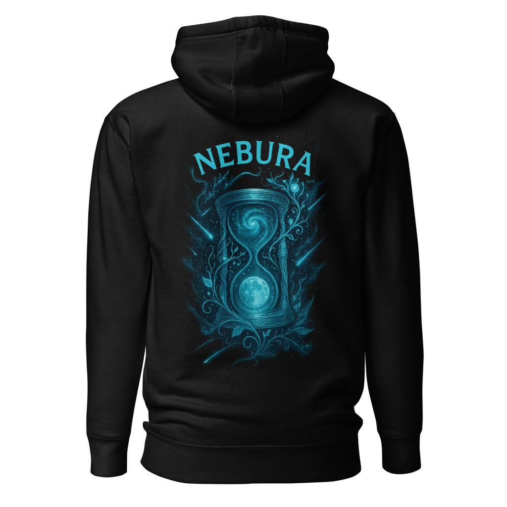 Schwarzer Nebura Hoodie mit „Stunde der Zeit“ Motiv auf der Rückseite, mystisches Zeit- und Schicksalsdesign mit ruhiger, symbolischer Tiefe