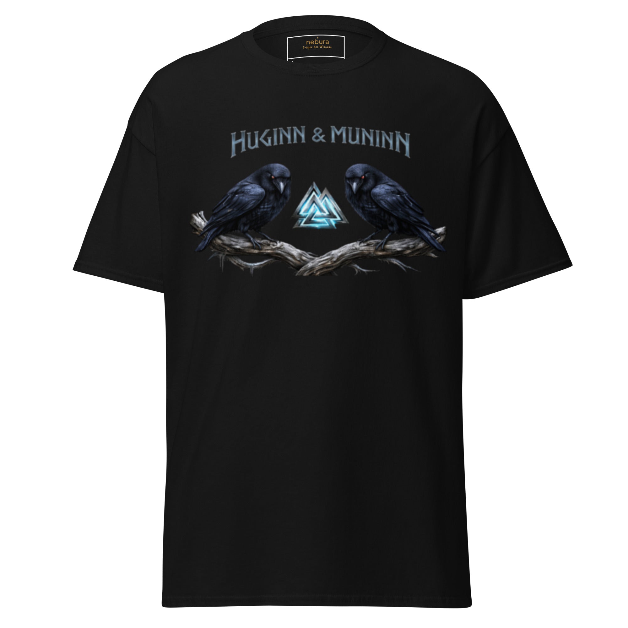 Huginn & Muninn T-Shirt schwarz mit zwei Raben und Walknut Symbol, nordisches Mythologie Design