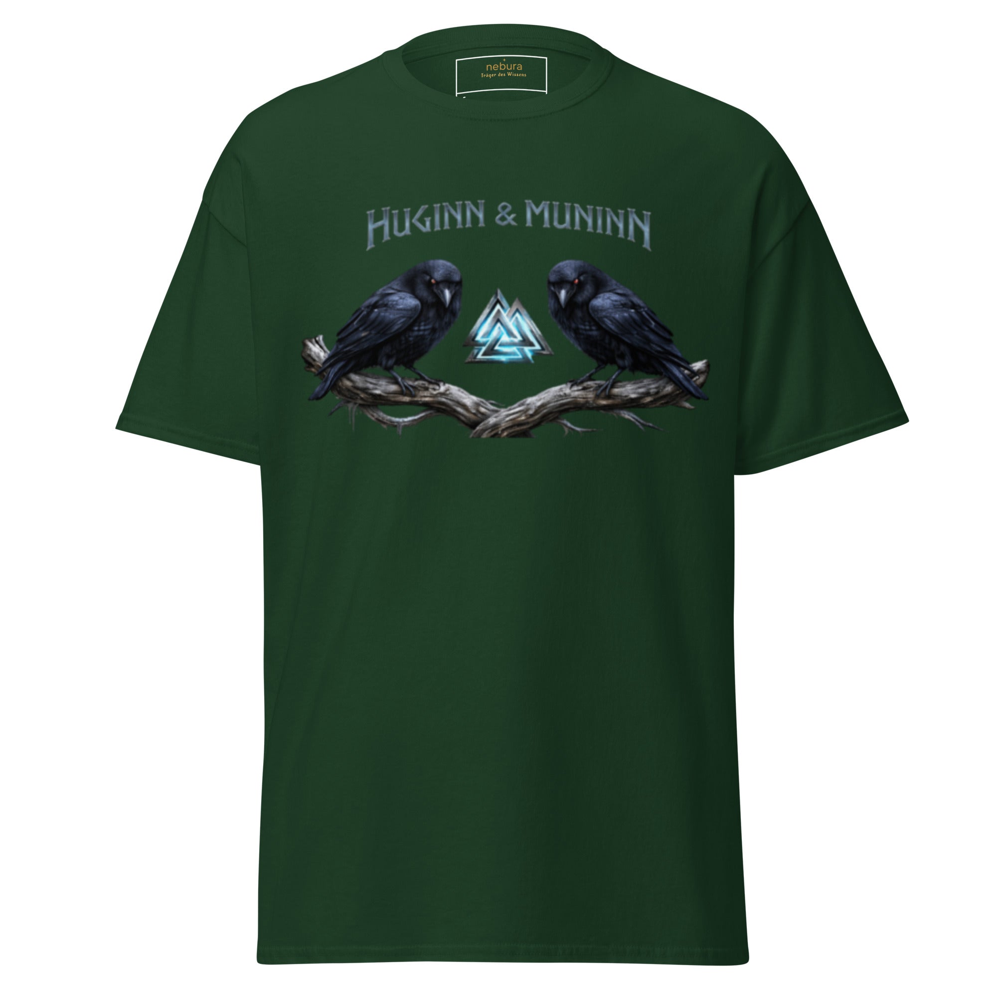 Huginn & Muninn T-Shirt Waldgrün mit nordischen Raben und Walknut Symbol in starkem Design