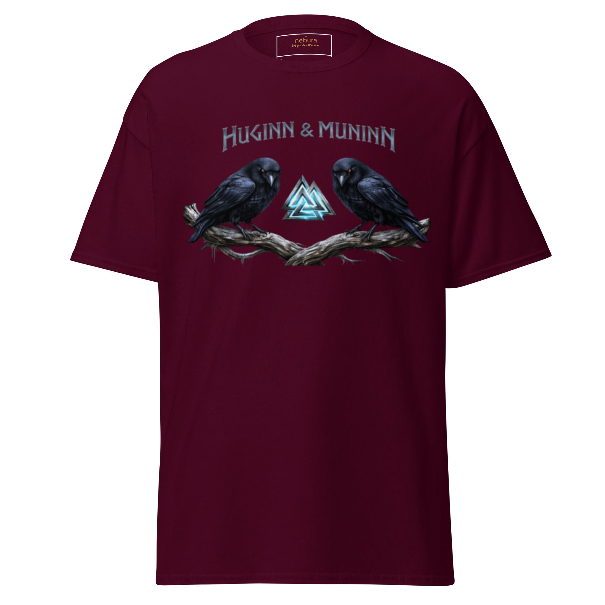 Huginn & Muninn T-Shirt Bordeauxrot mit nordischen Raben, Walknut Symbol und detailreichem Design