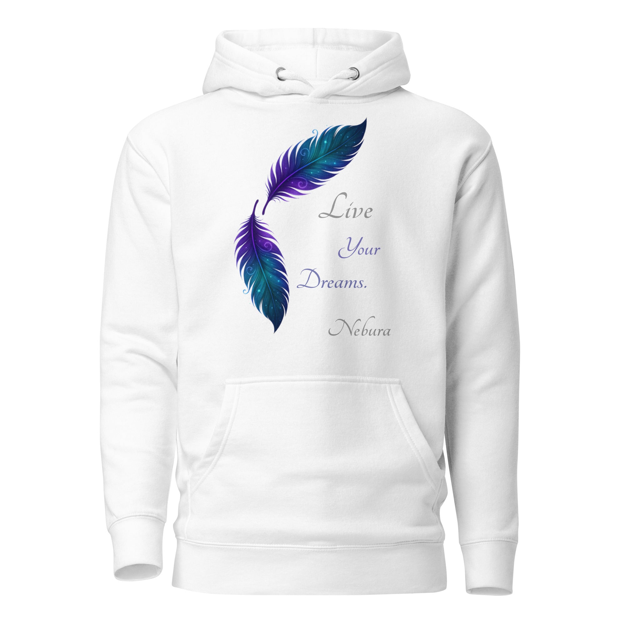 Weißer Nebura Hoodie mit Traumfeder Motiv auf der Vorderseite, spirituelles Federdesign in ruhigem, poetischem Stil