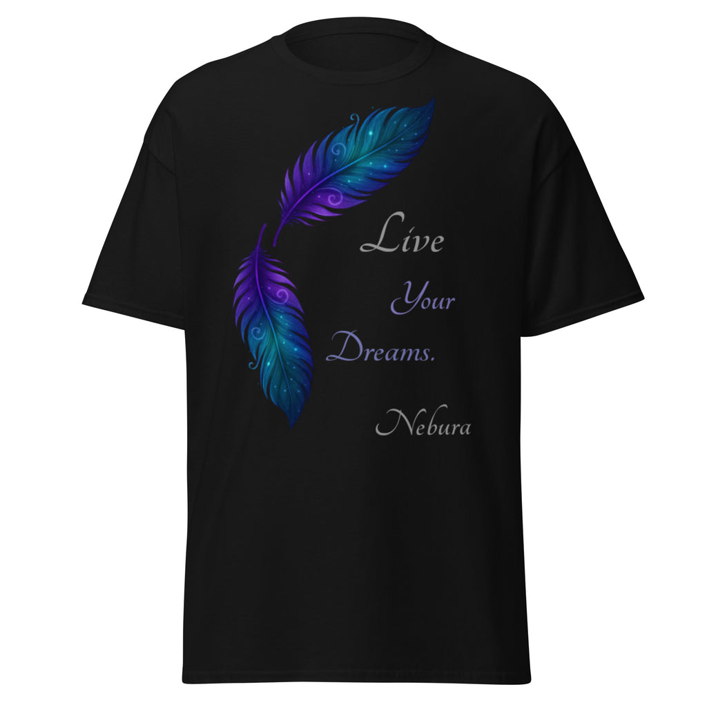 Schwarzes Nebura Shirt mit Traumfeder Motiv auf der Vorderseite, ruhiges Federdesign über Leichtigkeit und innere Klarheit