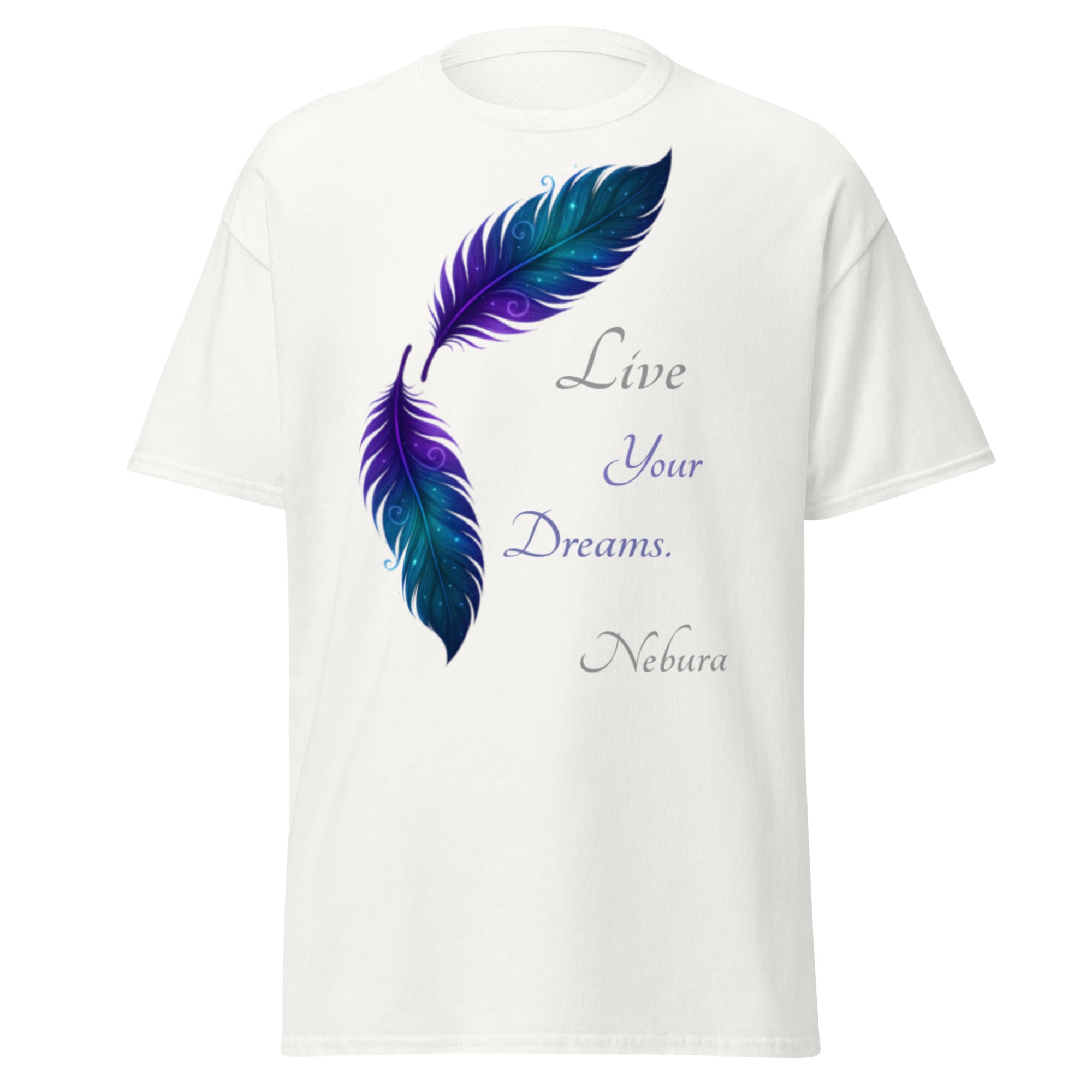 Weißes Nebura Shirt mit Traumfeder Motiv auf der Vorderseite, ruhiges Federdesign über Leichtigkeit und innere Klarheit
