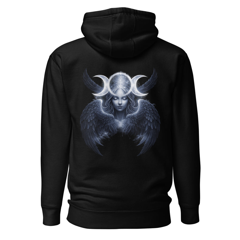 Nebura Triple Goddess Hoodie schwarz mit mystischem Mondgöttin-Motiv und Flügeln auf dem Rücken