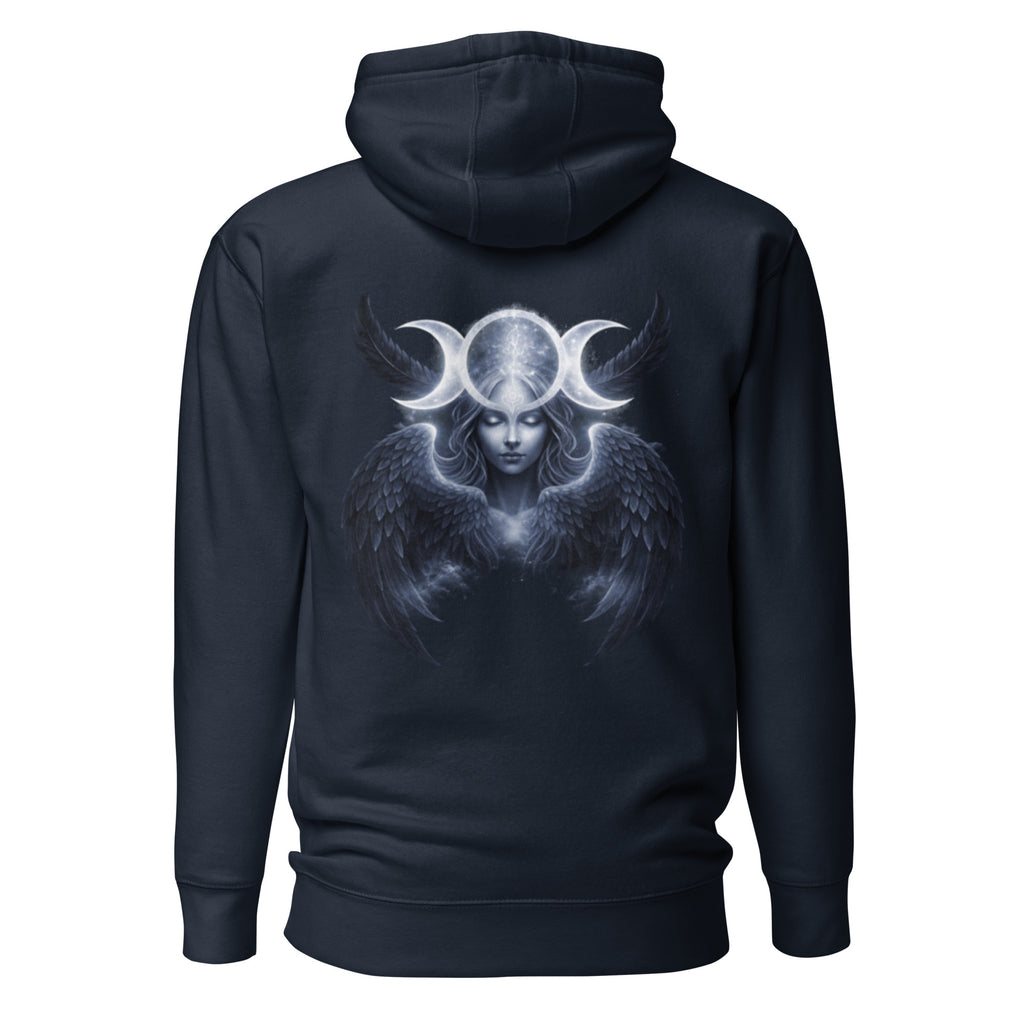 Nebura Triple Goddess Hoodie navy blau mit mystischem Mondgöttin-Motiv und Flügeln auf dem Rücken