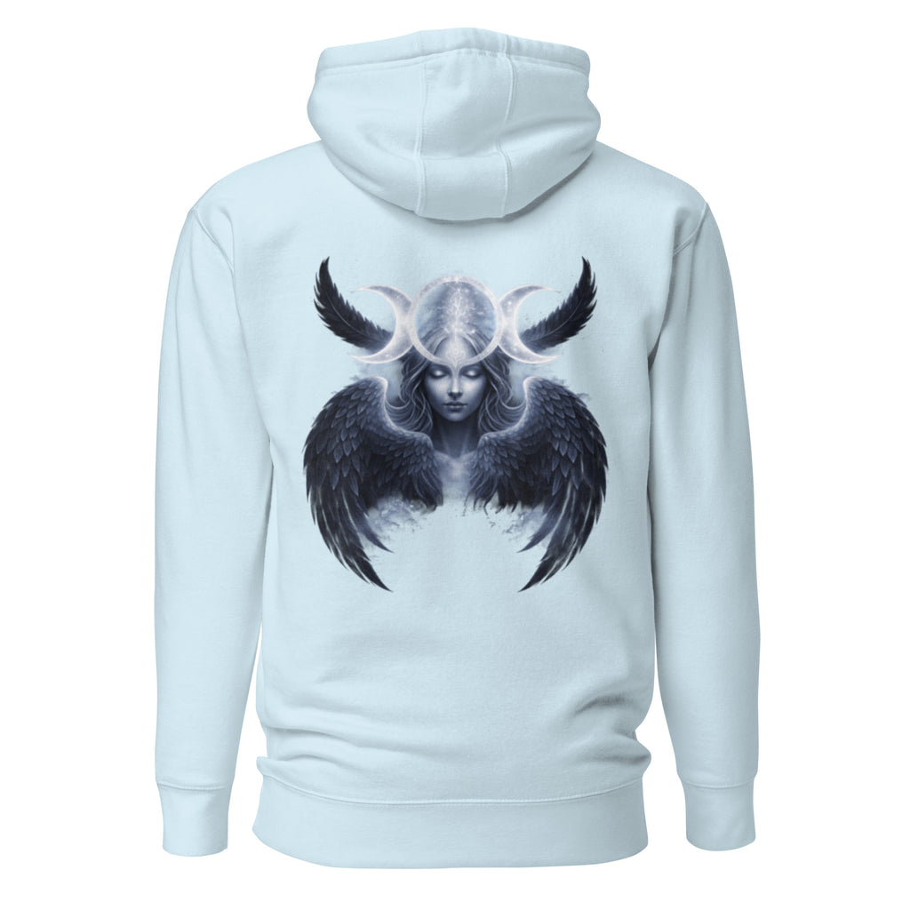 Nebura Triple Goddess Hoodie hellblau mit mystischem Mondgöttin-Motiv und Flügeln auf dem Rücken