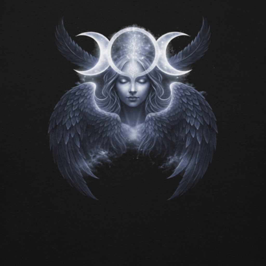 Triple Moon Göttinnen Symbol mit geflügelter Figur spirituelles Design