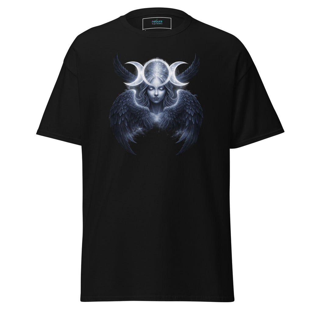 Nebura Triple Goddess T-Shirt schwarz mit mystischem Mondgöttin-Motiv und Flügeln auf der Vorderseite