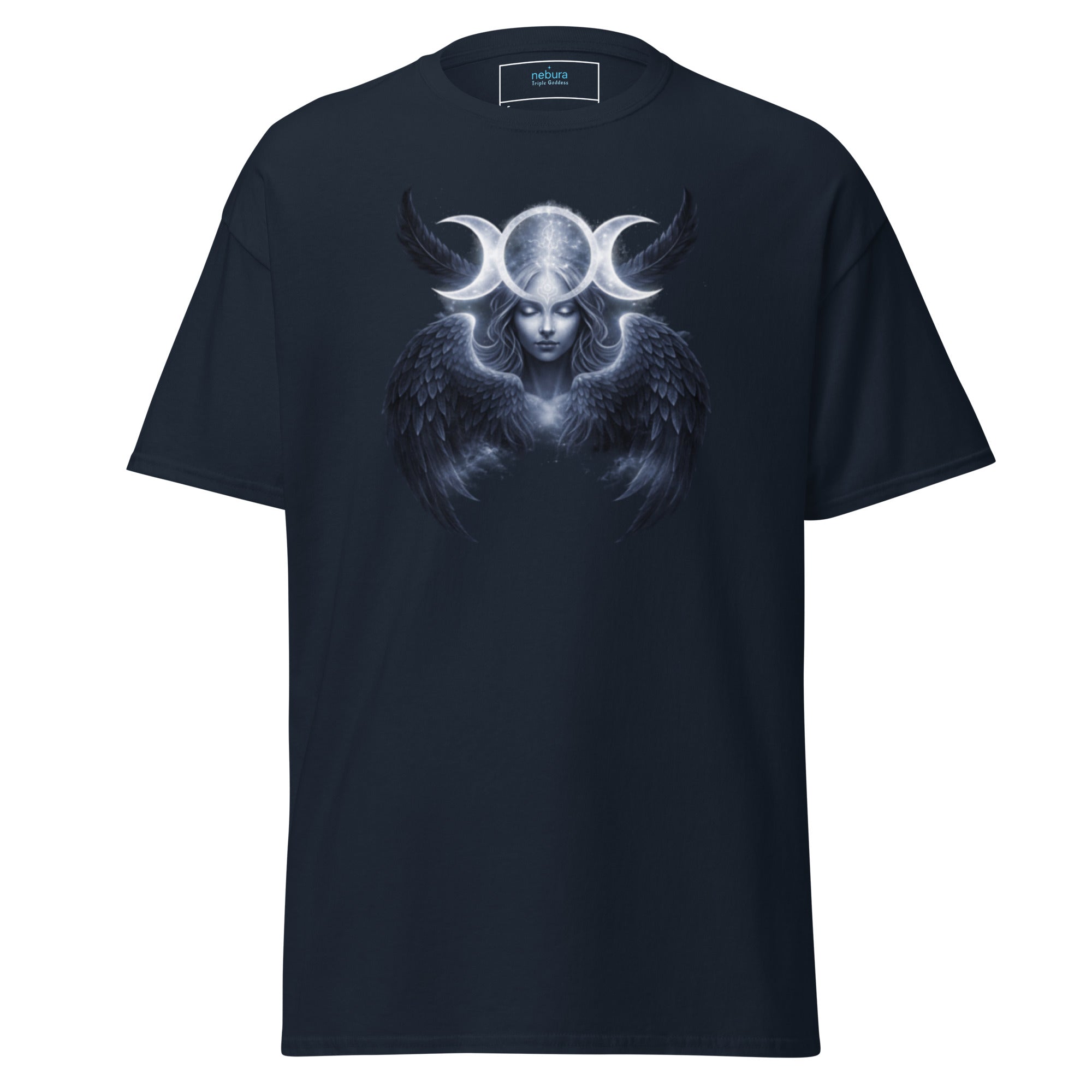 Nebura Triple Goddess T-Shirt navy blau mit mystischem Mondgöttin-Motiv und Flügeln auf der Vorderseite