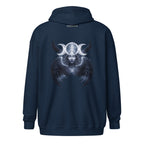 Triple Goddess Zip Hoodie mit mystischem Mondsymbol auf navy blauem Hoodie