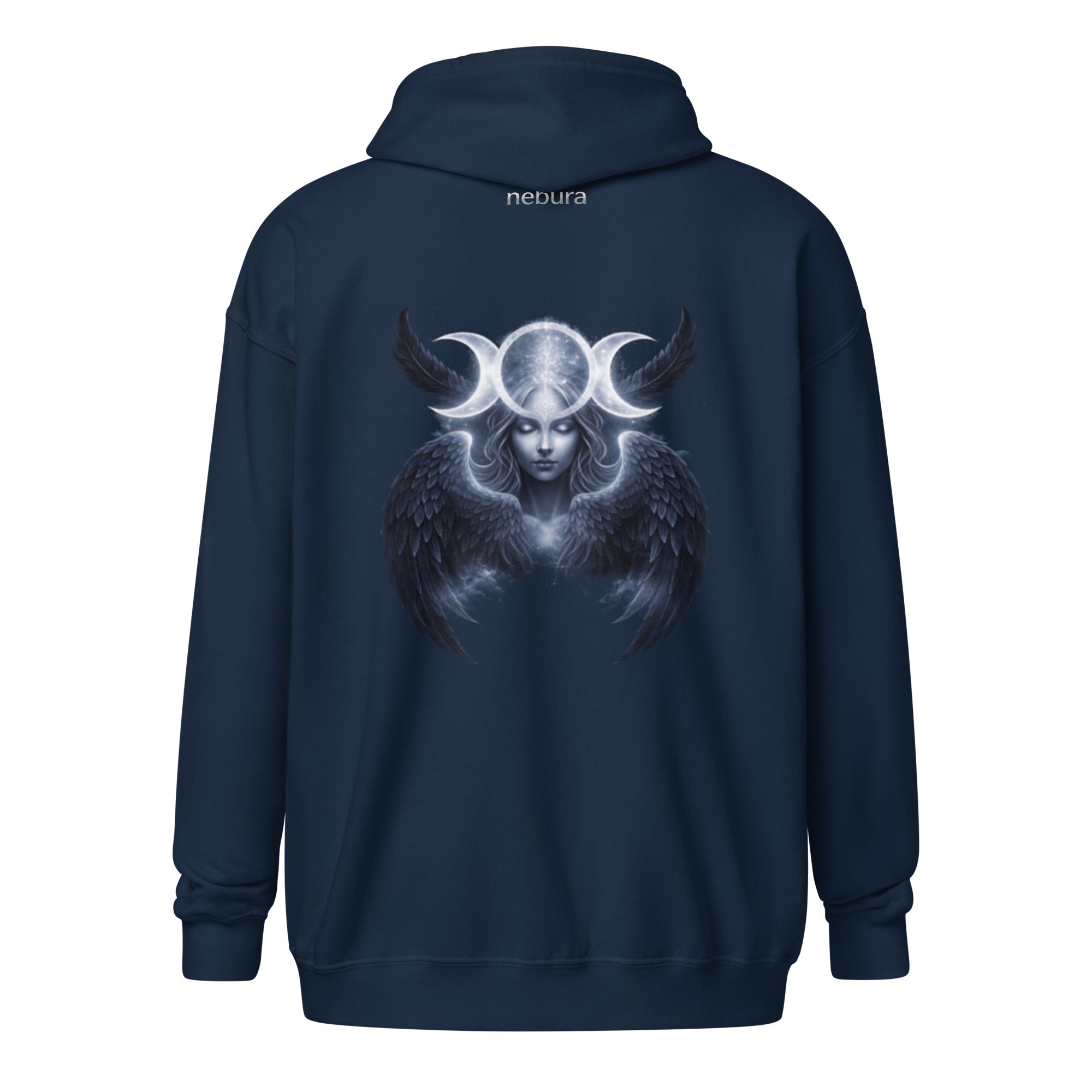 Triple Goddess Zip Hoodie mit mystischem Mondsymbol auf navy blauem Hoodie