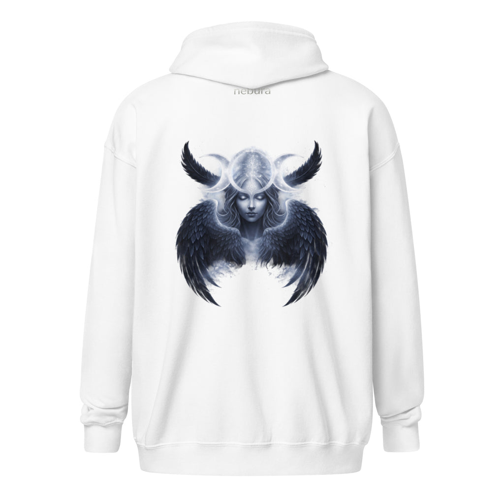 Triple Goddess Zip Hoodie mit dreifachem Mondsymbol auf weißem Hoodie