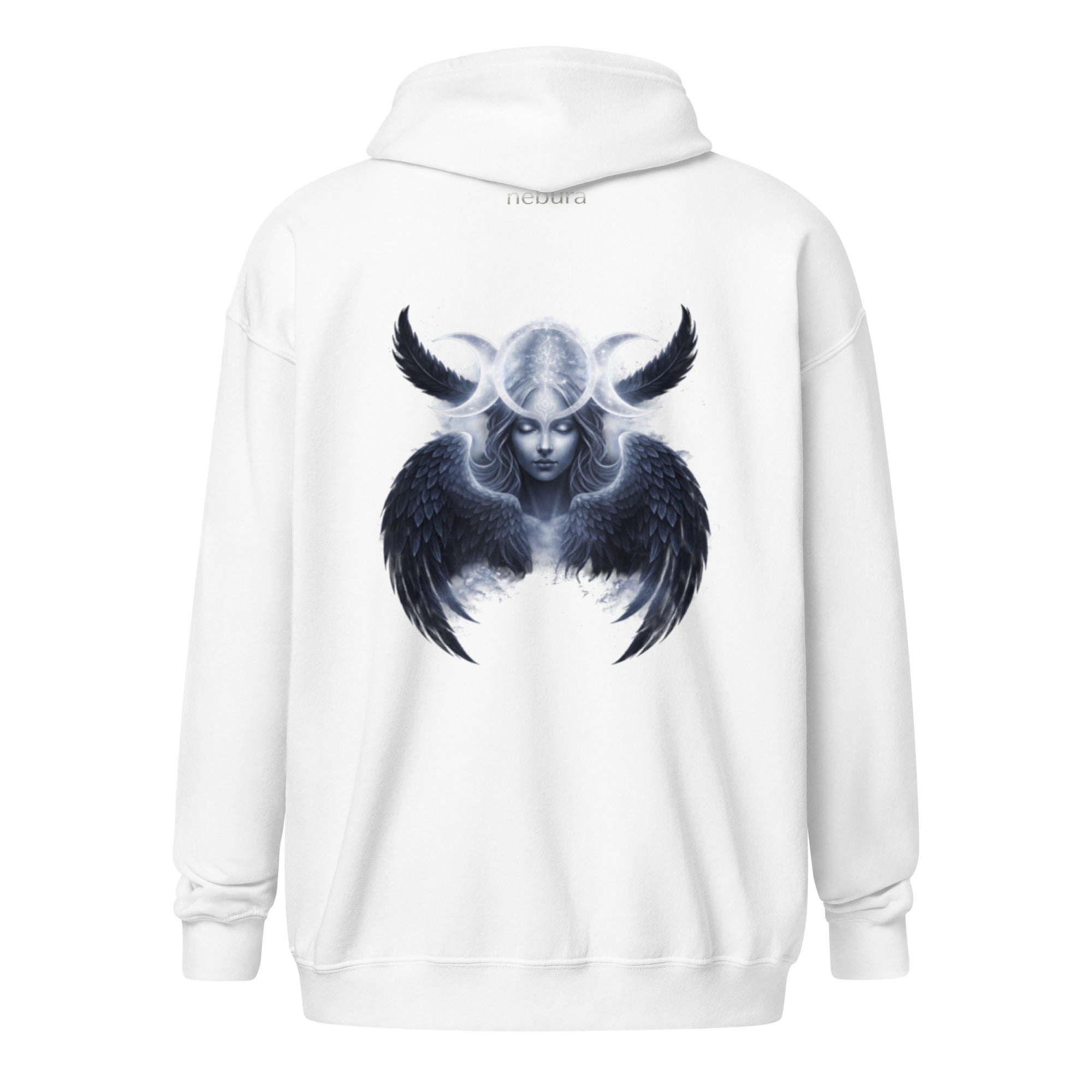 Triple Goddess Zip Hoodie mit dreifachem Mondsymbol auf weißem Hoodie