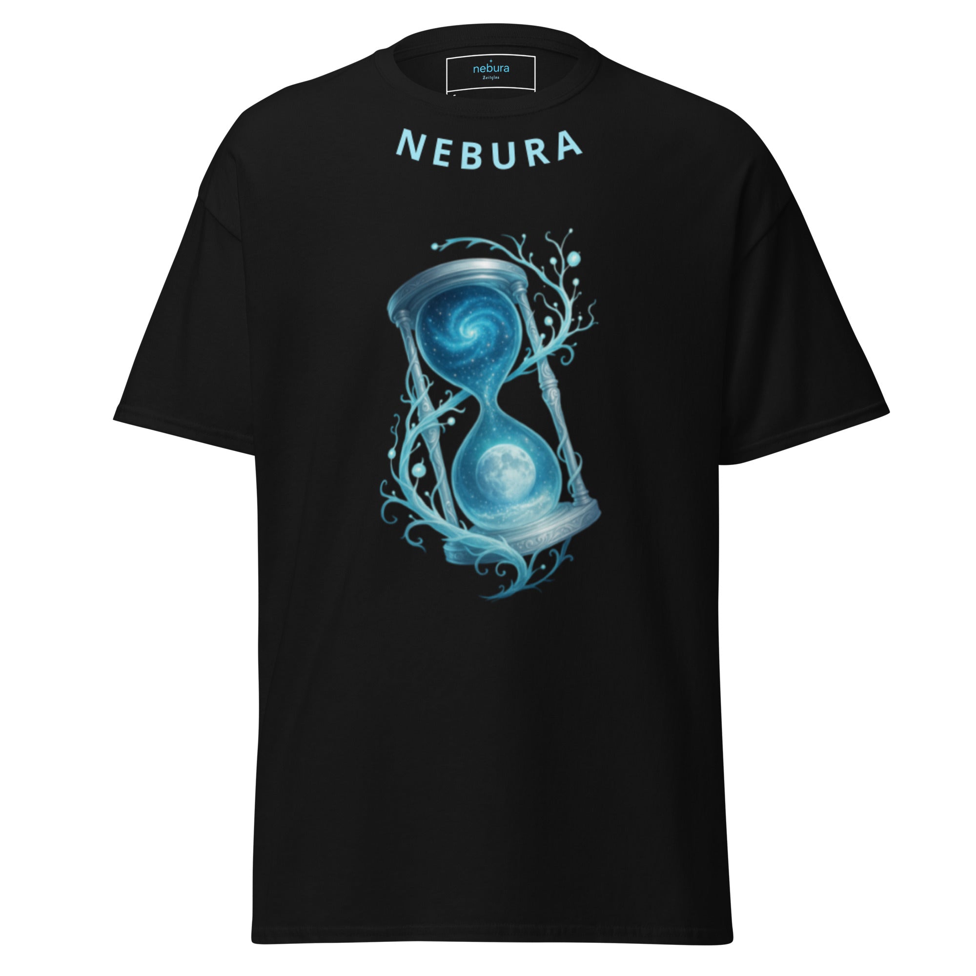 Schwarzes Nebura Shirt mit Zeitglas Motiv auf der Vorderseite, stilles Symbol für Zeit, Klarheit und ruhige Bewegung