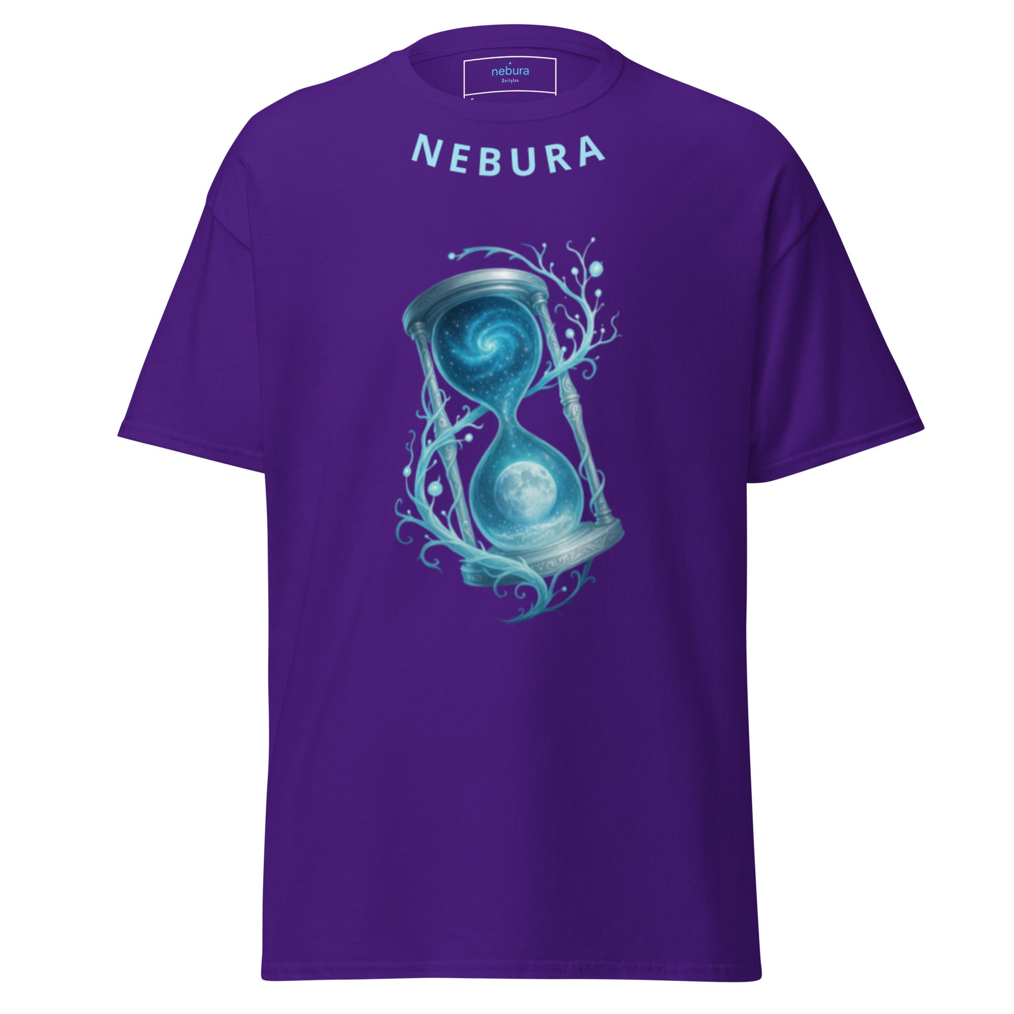 Lila Nebura Shirt mit Zeitglas Motiv auf der Vorderseite, ruhiges Design über bewusste Zeit, Klarheit und kosmisches Gleichgewicht