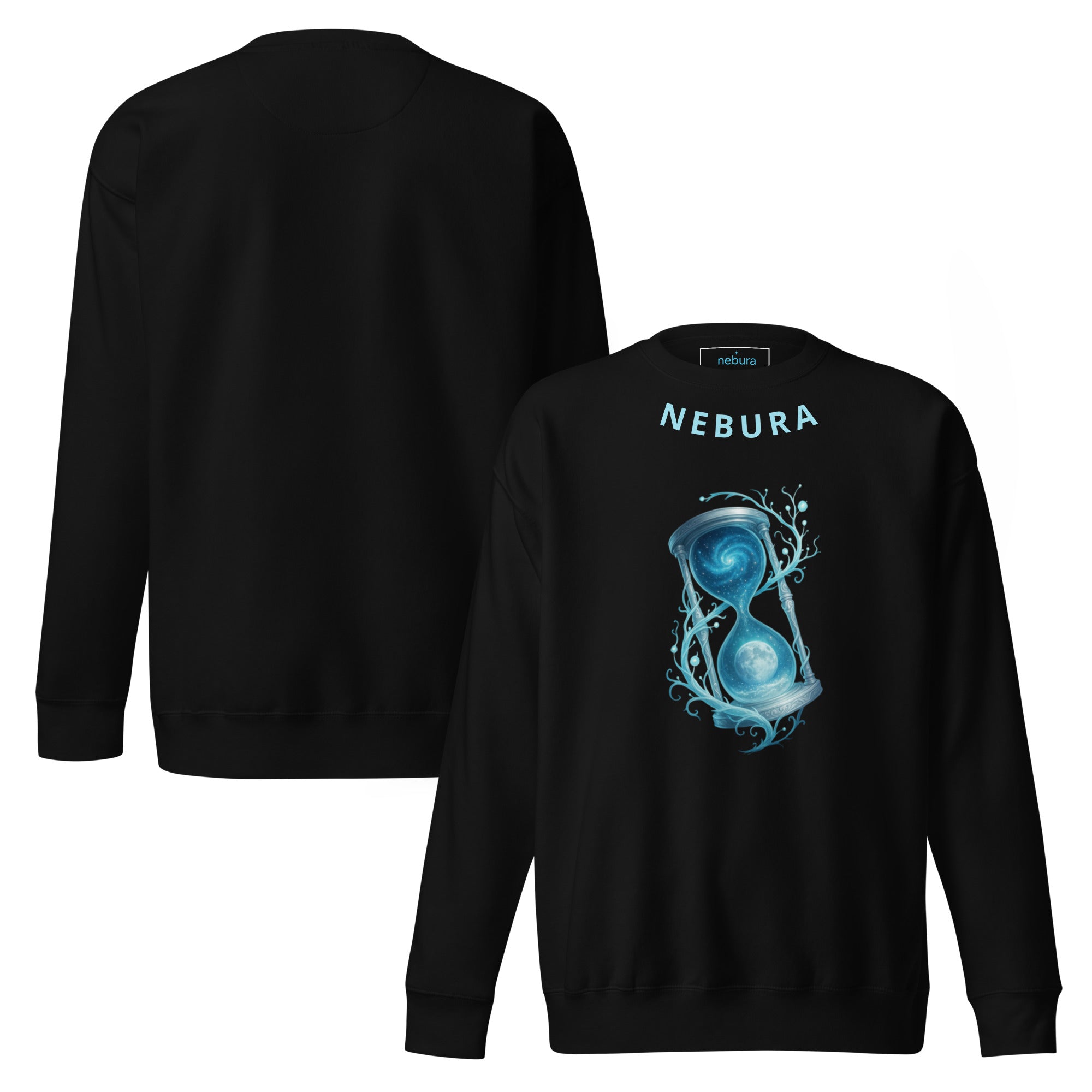 Nebura Zeitglas Sweatshirt in Schwarz – Front- und Rückansicht mit kosmischem Zeitglas Motiv, ruhiges Design über Zeit, Klarheit und Balance
